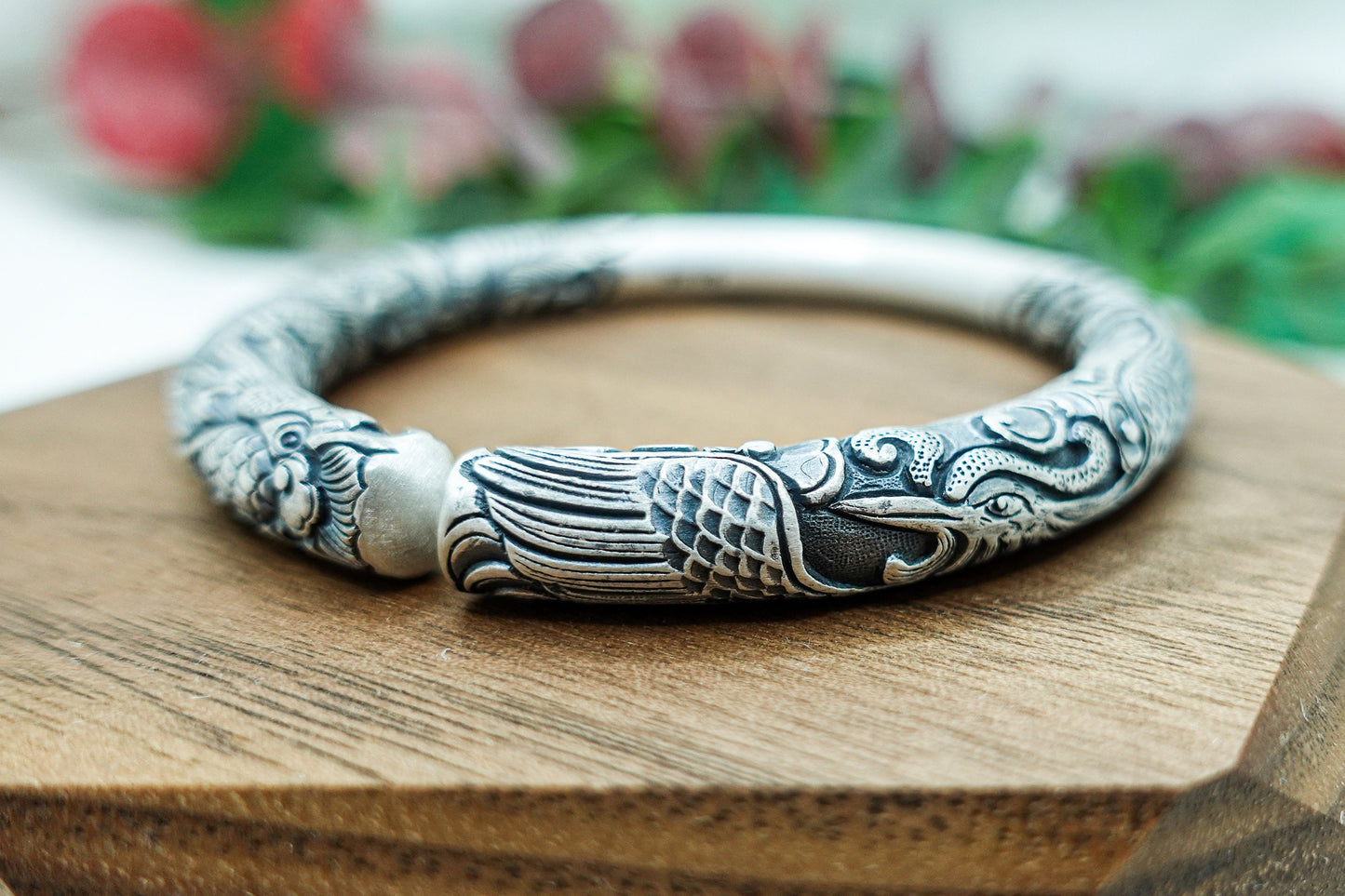 Sterling Silver Dragon Phoenix Bangle: Mystical Cuff Bracelet