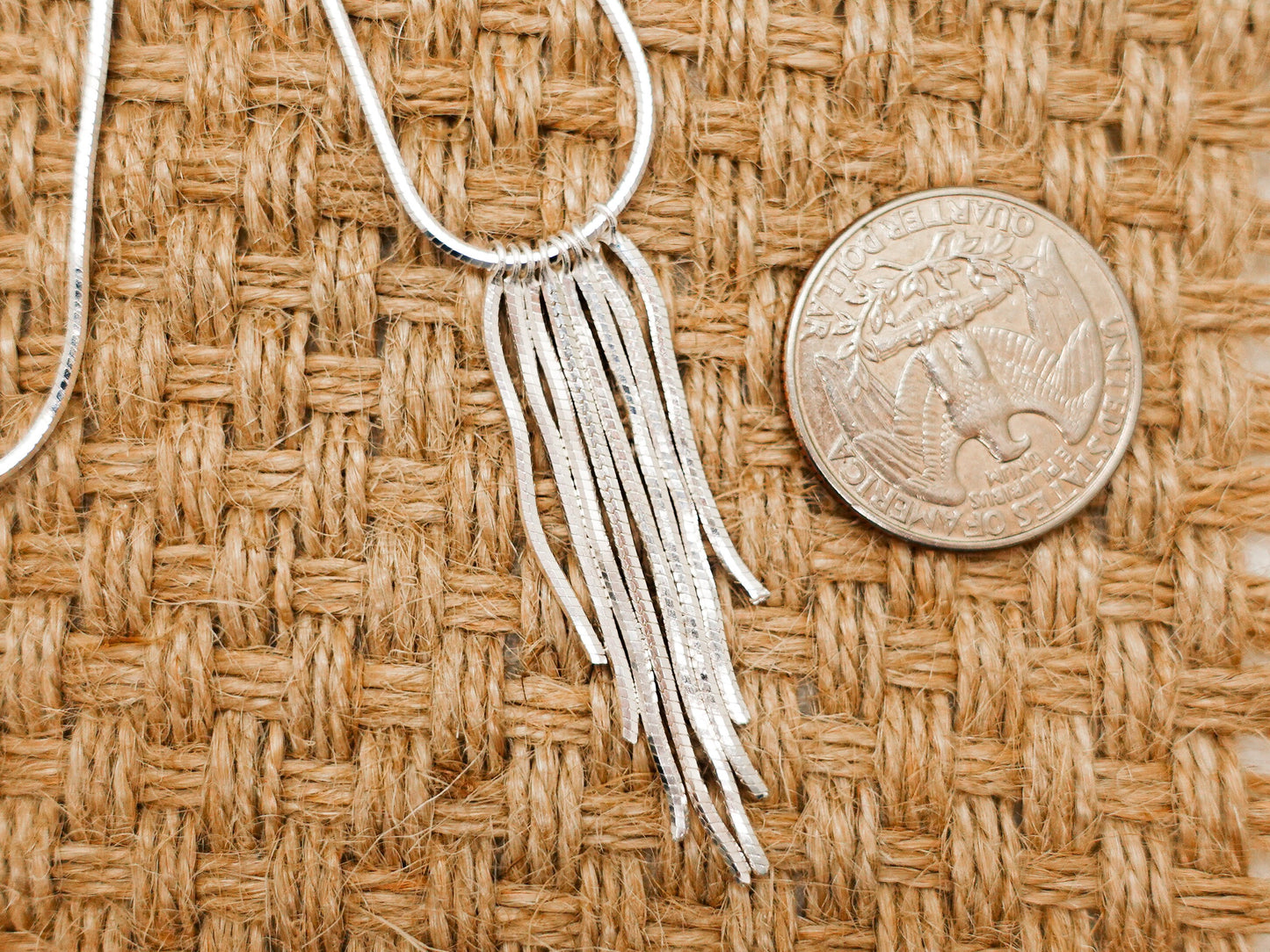 Shimmering Tassel Neckace, Sterling Silver Fringe Necklace, Shiny Tassel Pendant, Sparkling Necklace, Gleaming Necklace