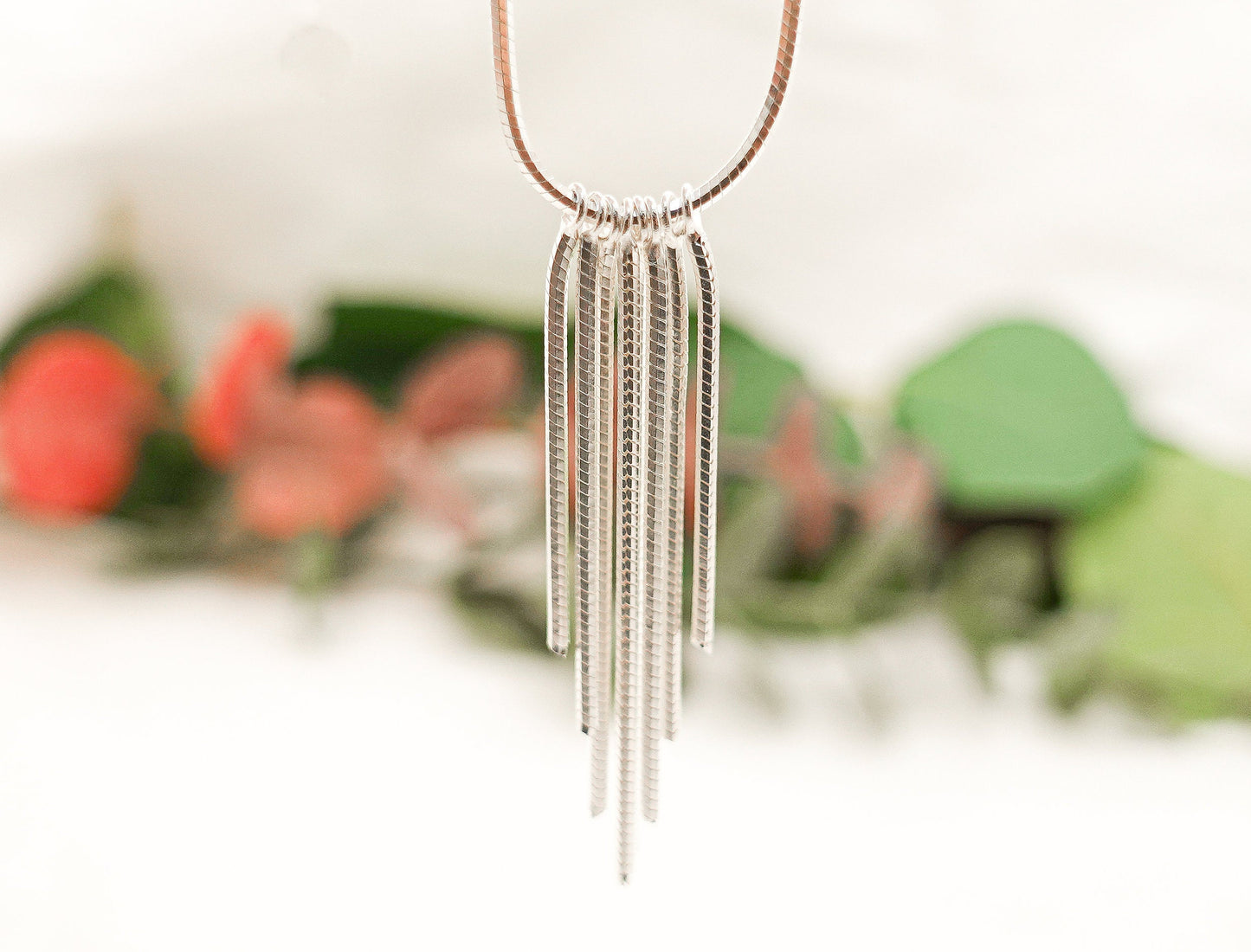 Shimmering Tassel Neckace, Sterling Silver Fringe Necklace, Shiny Tassel Pendant, Sparkling Necklace, Gleaming Necklace