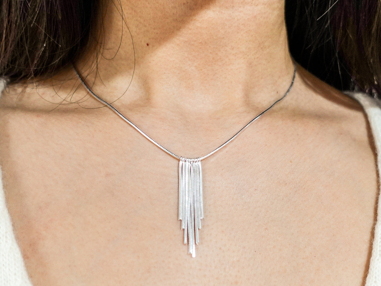 Shimmering Tassel Neckace, Sterling Silver Fringe Necklace, Shiny Tassel Pendant, Sparkling Necklace, Gleaming Necklace