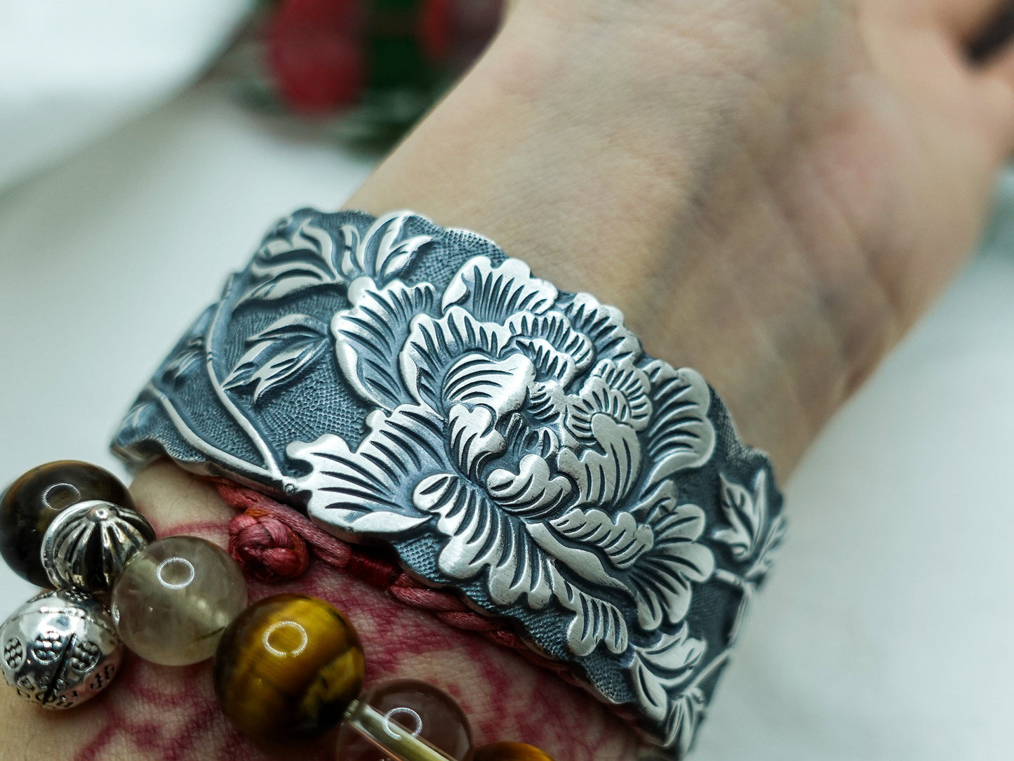 Sterling Sliver Peony Blossom Wide Cuff Bracelet, Leaf Bangle Bracelet , Romantic Floral Bracelet