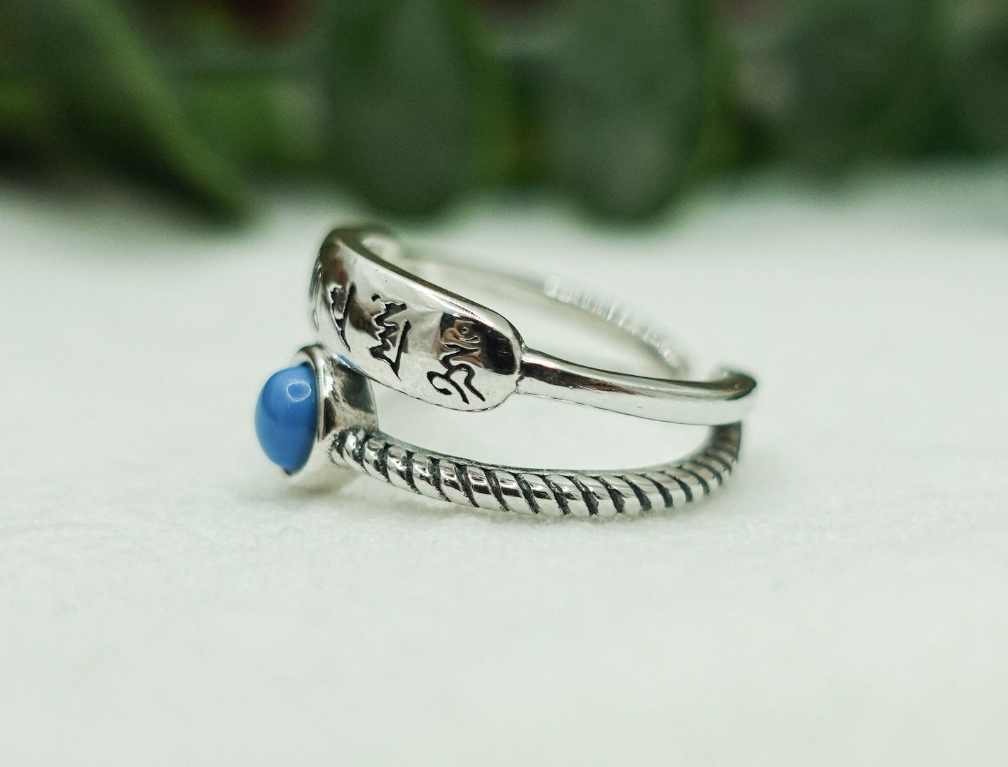 Sterling Silver Turquoise Mantra Ring: Adjustable Stacking Pinky Ring