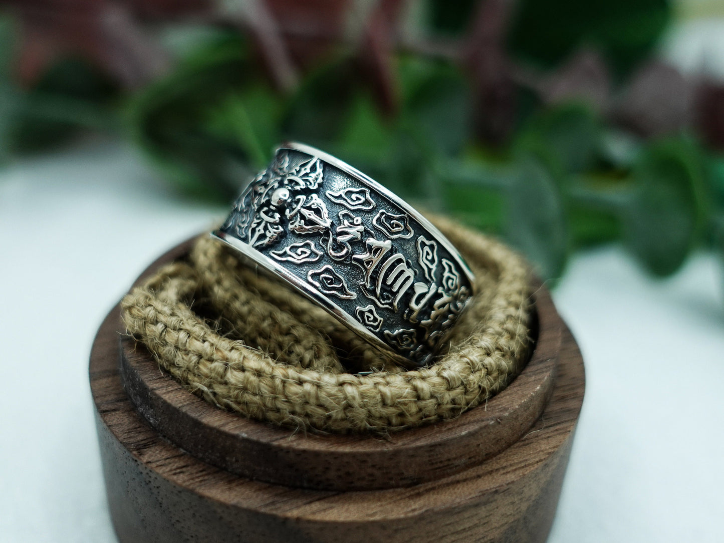 Sterling Silver Vajra Mantra Ring, Tibetan Meditation Jewelry