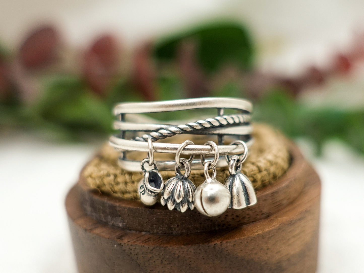 Sterling Silver Lotus Tassel Ring: Adjustable Crossover Band
