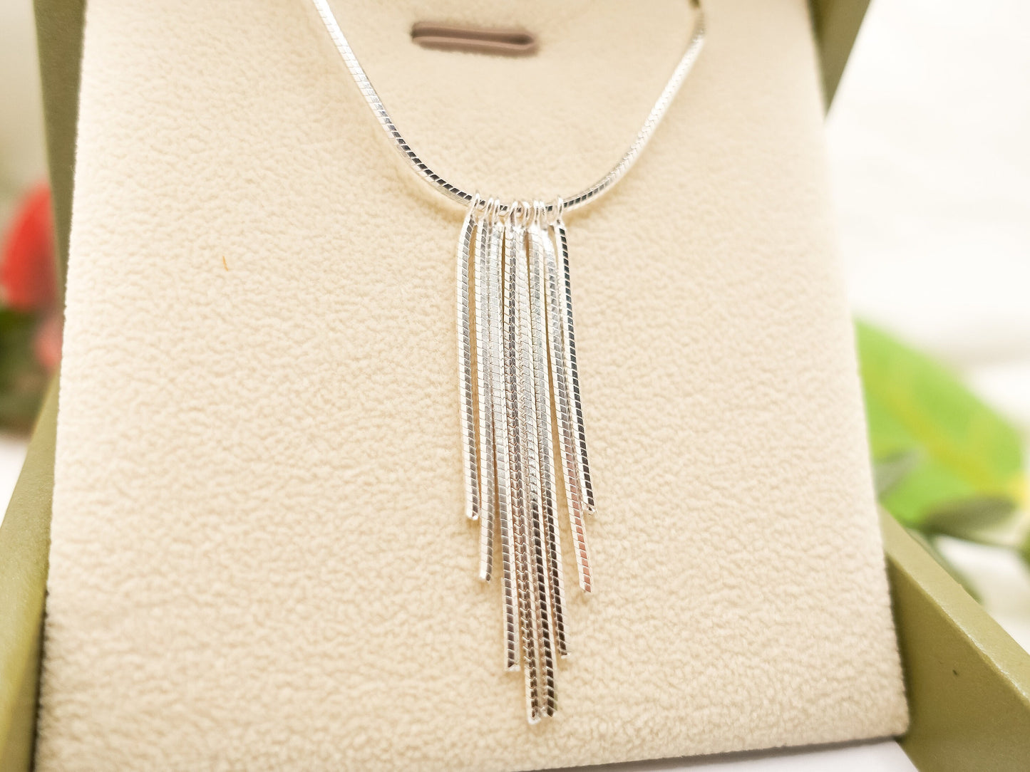 Shimmering Tassel Neckace, Sterling Silver Fringe Necklace, Shiny Tassel Pendant, Sparkling Necklace, Gleaming Necklace