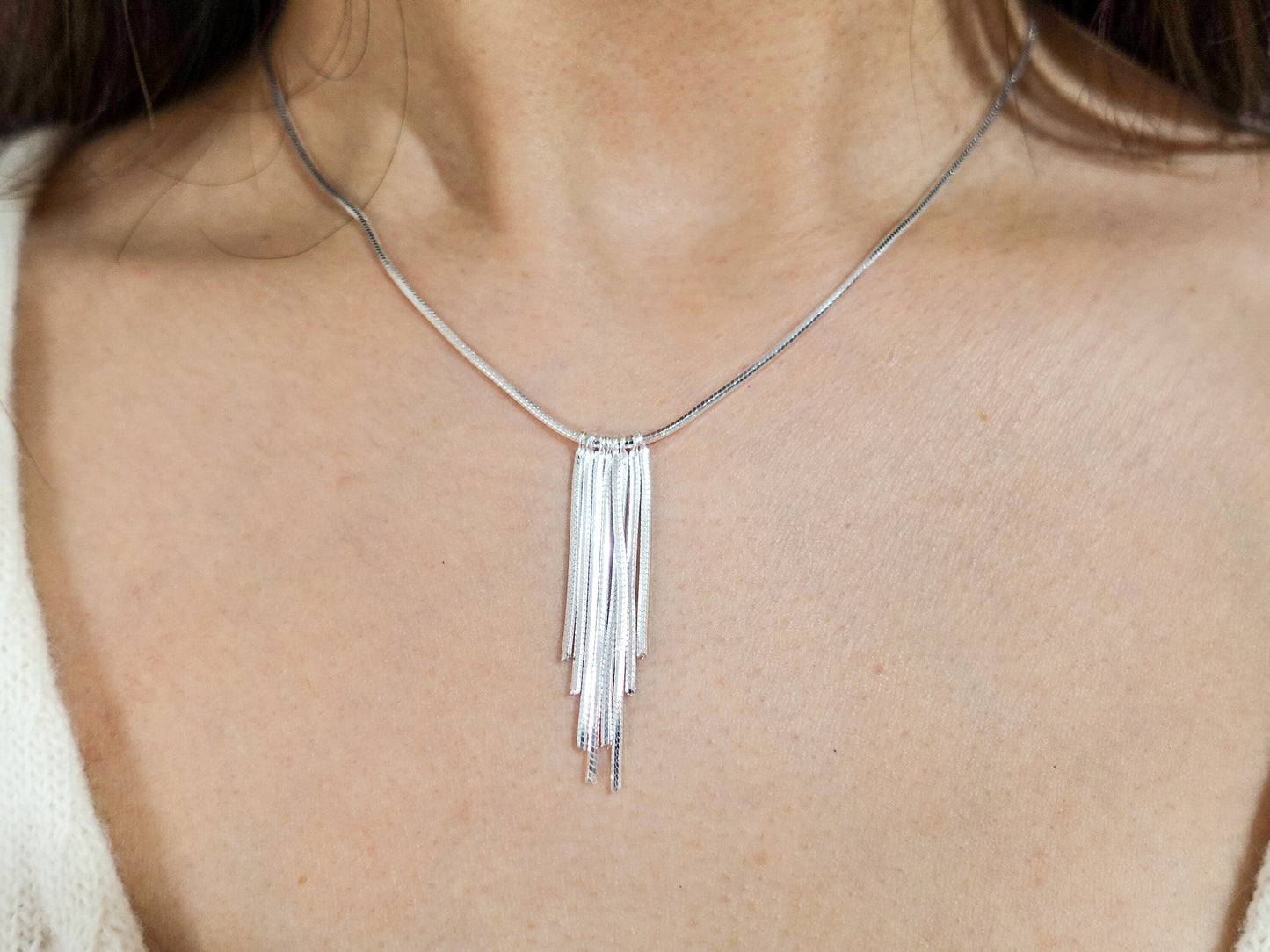 Shimmering Tassel Neckace, Sterling Silver Fringe Necklace, Shiny Tassel Pendant, Sparkling Necklace, Gleaming Necklace