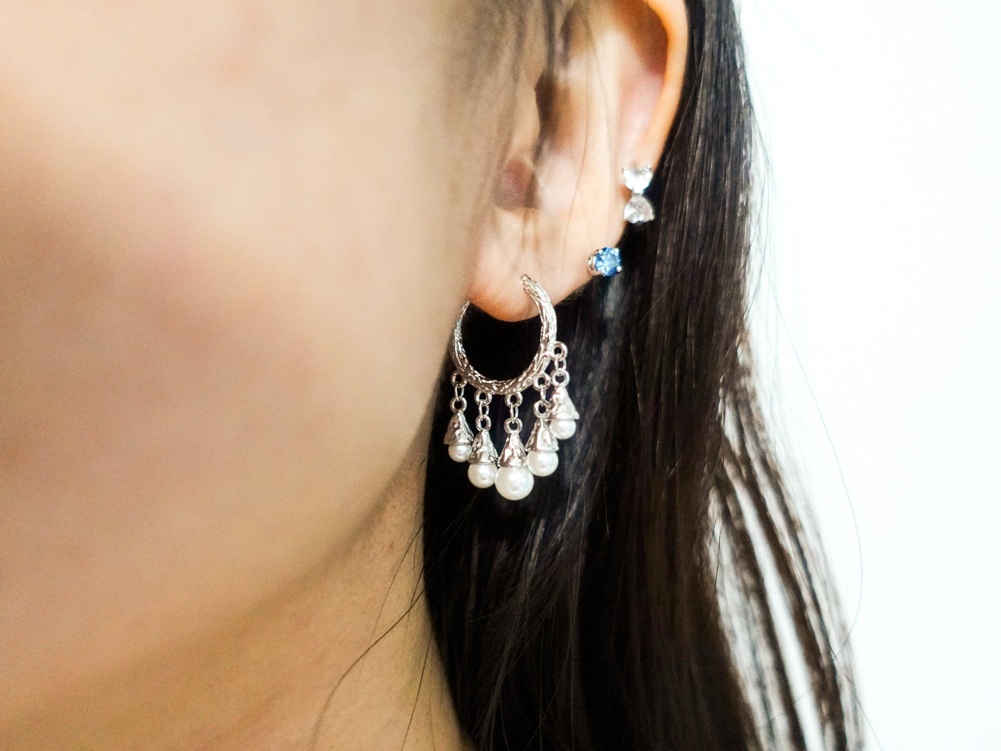 Pearl Hoop Earrings, Sterling Silver Dangle Tassel Freshwater Pearl Earrings, Elegant Pearl jewelry Gift for Her