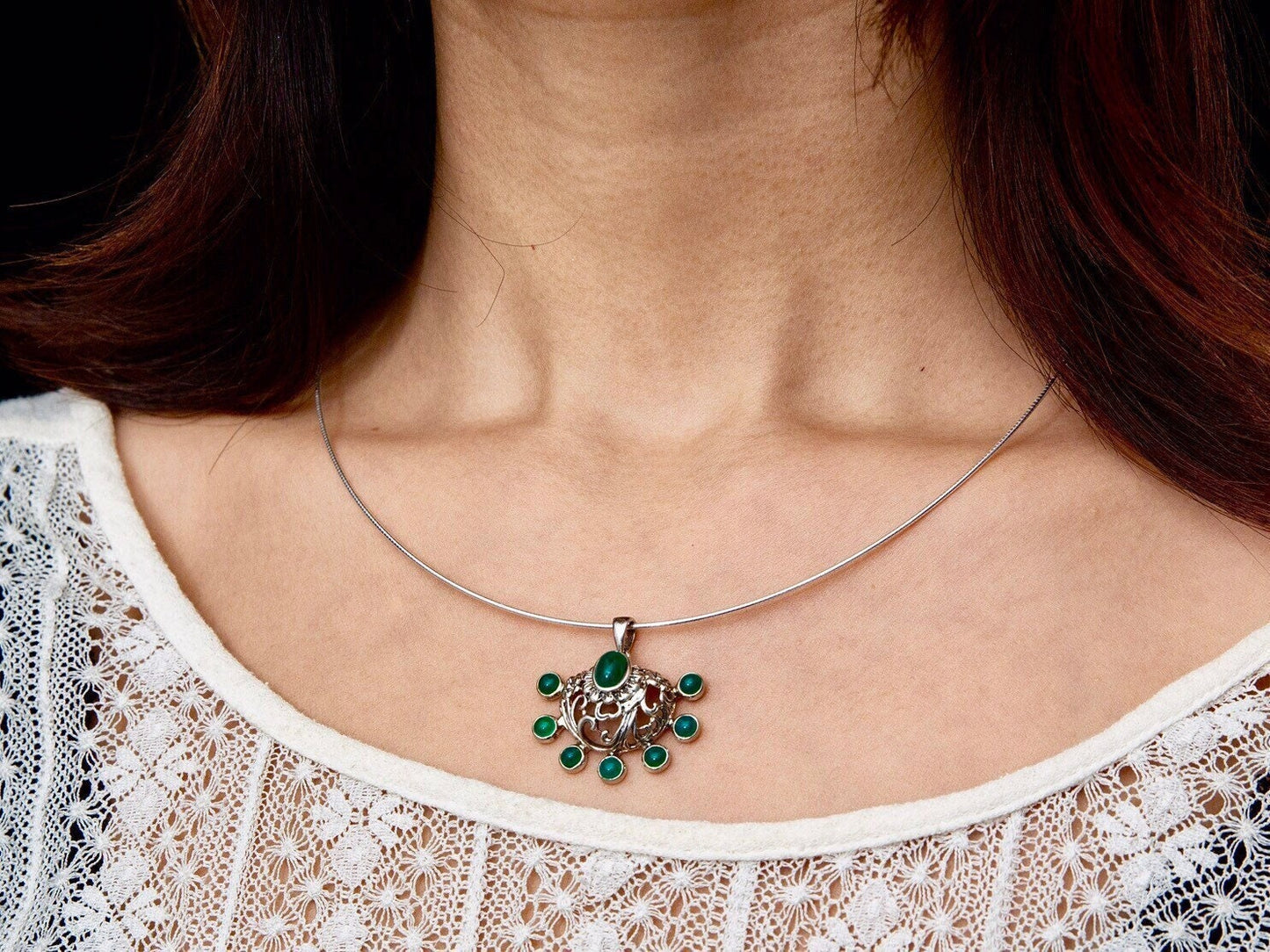 Sterling Silver Fan-shaped Elegant Pendant Necklace, Green Agate Pendant, Green Gemstone Jewelry, Gift for Her