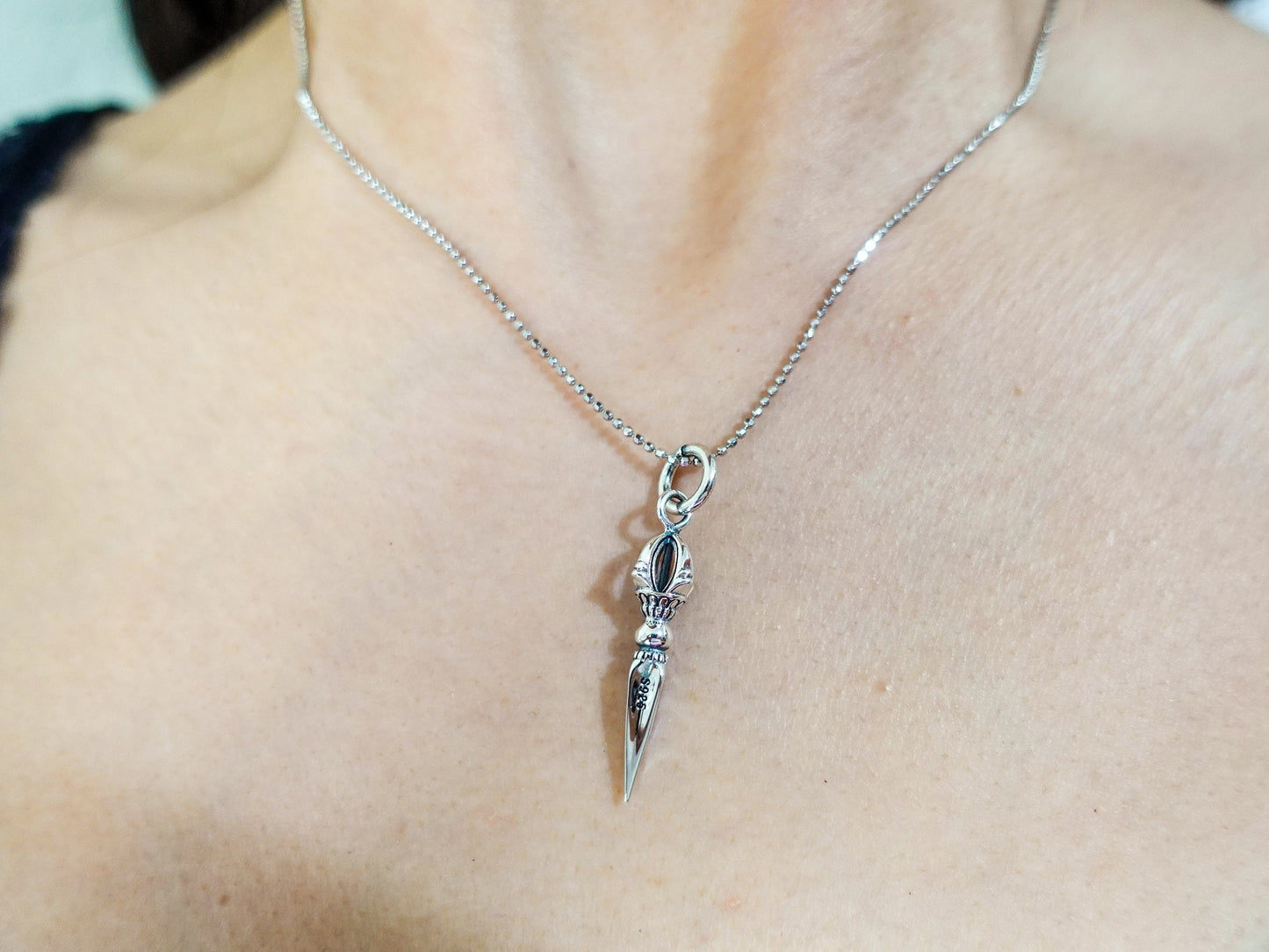 Tibetan Vajra Necklace, Sterling Silver Zen Necklace, Meditation Jewelry, Buddhism Necklace, Mens Women Healing Dorje Pendant