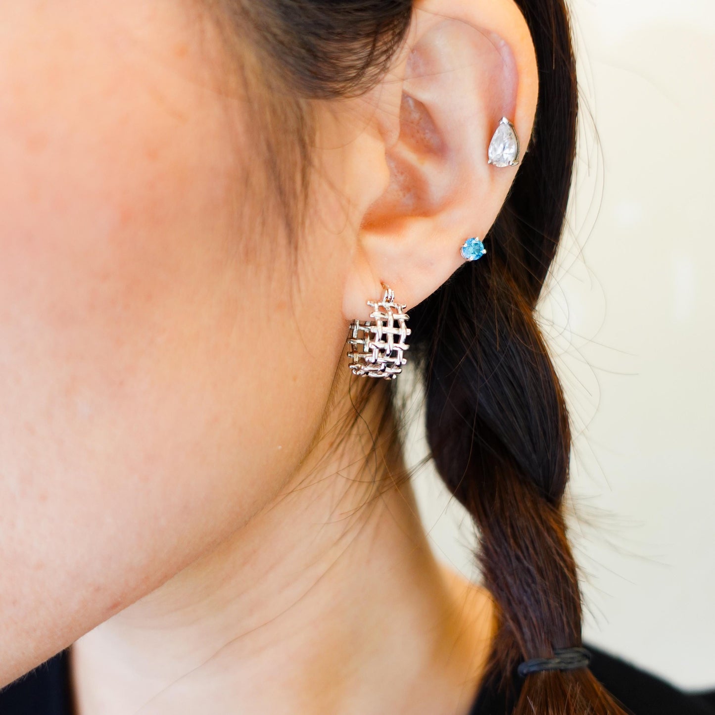 Sterling Silver Huggie Hoop Earrings: Woven Lattice Design