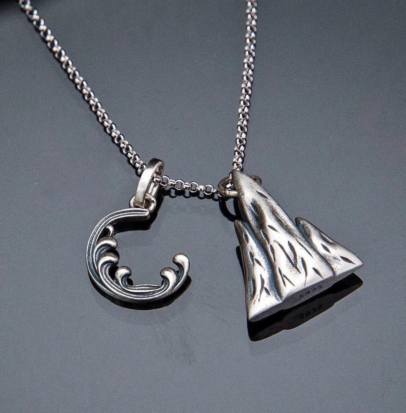 Sterling Silver Mountain Sea Necklace Set, Couples Necklace , Friendship Necklace, Soulmate Necklace, Matching Necklace Gift for Him Her