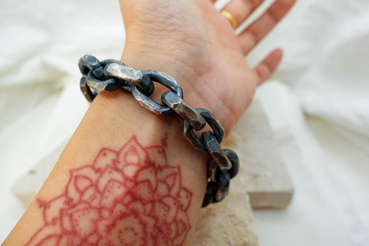 Oxidized Sterling Silver Celtic Chain Bracelet, Hand Hammered Viking Jewelry Gift for Him