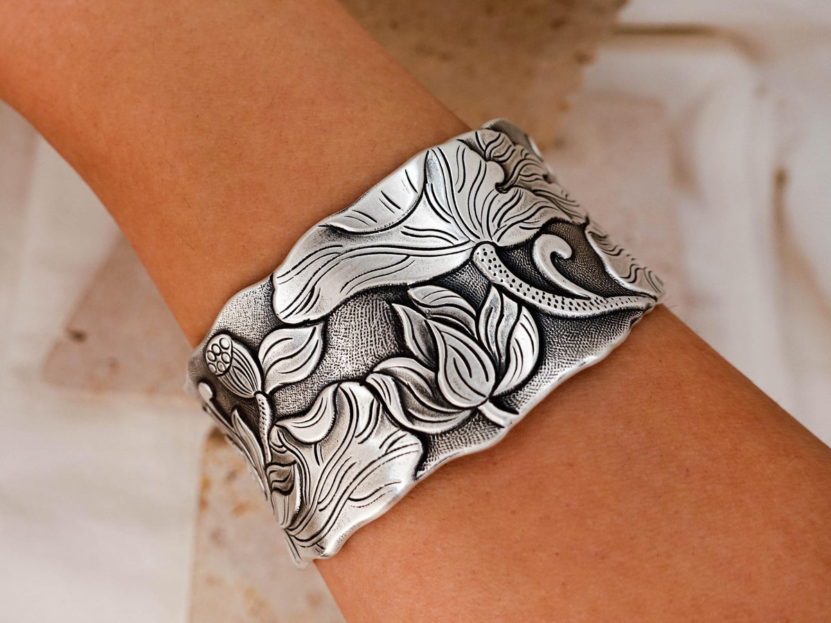 Sterling Silver Wide Cuff Bracelet, Vintage Engraving Lotus Bangle, Gift for Her Mom Wife