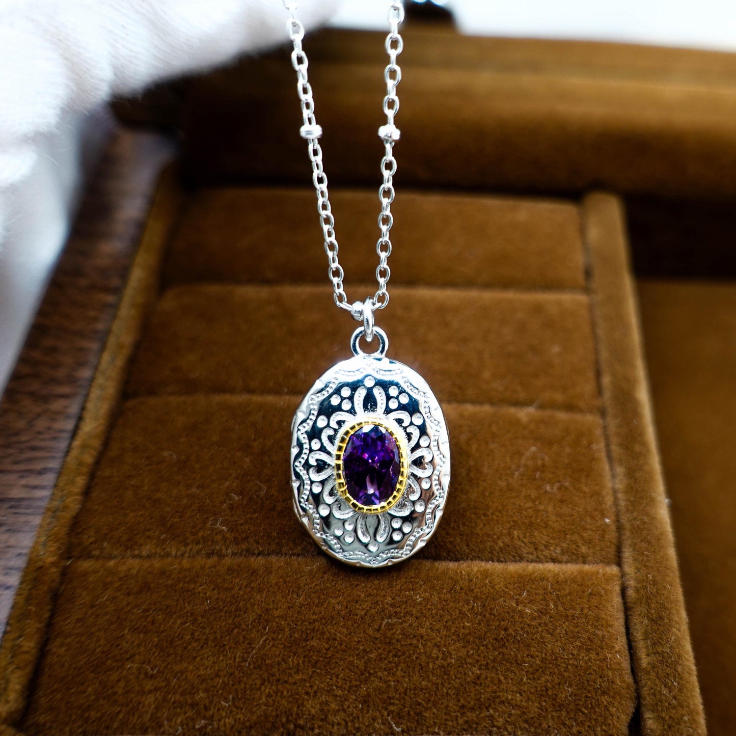 Sterling Silver Amethyst Locket Necklace: Engraved Vintage Photo Pendant