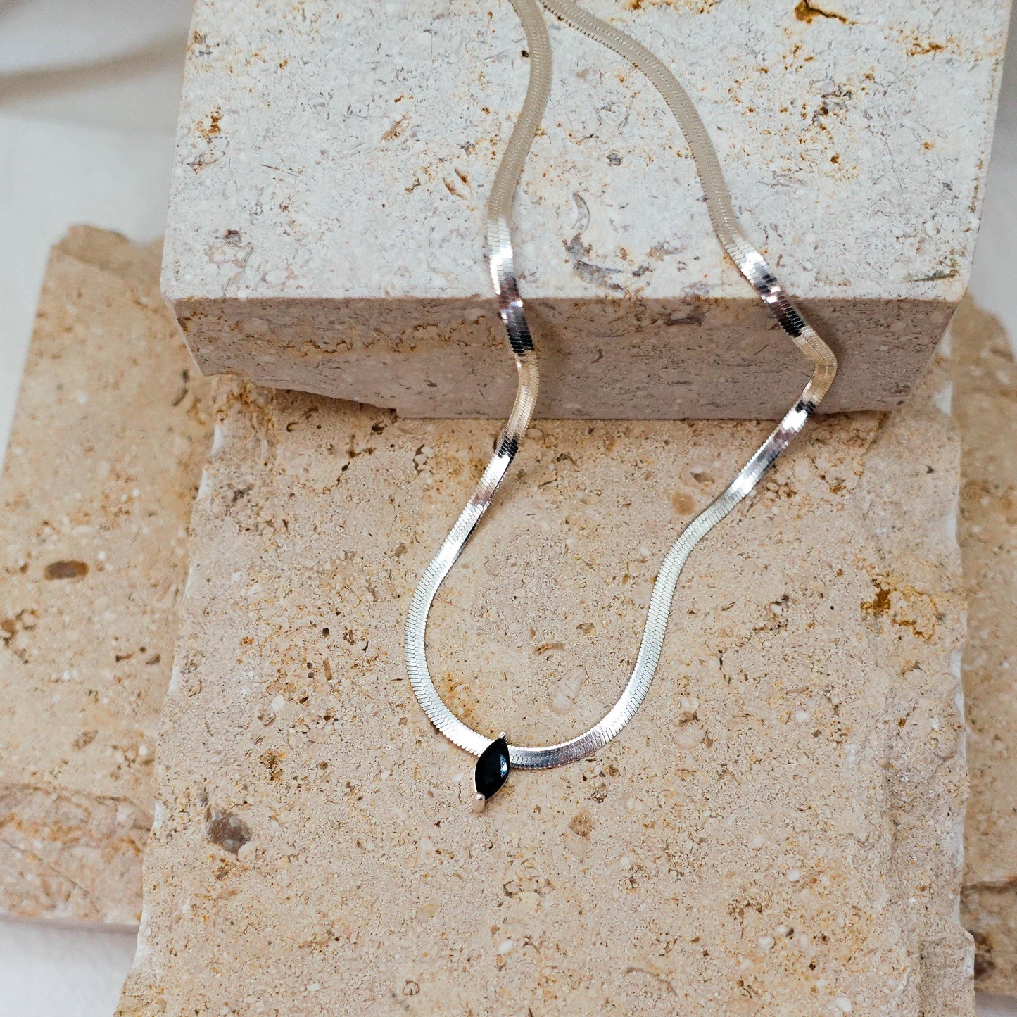 Sterling Silver Omega Chain Necklace: Marquise Black Spinel Pendant