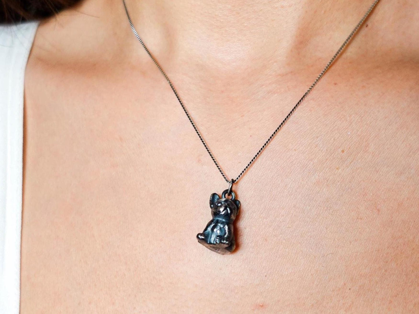 Oxidized Sterling Silver French Bulldog Pendant Necklace: Artisan Crafted