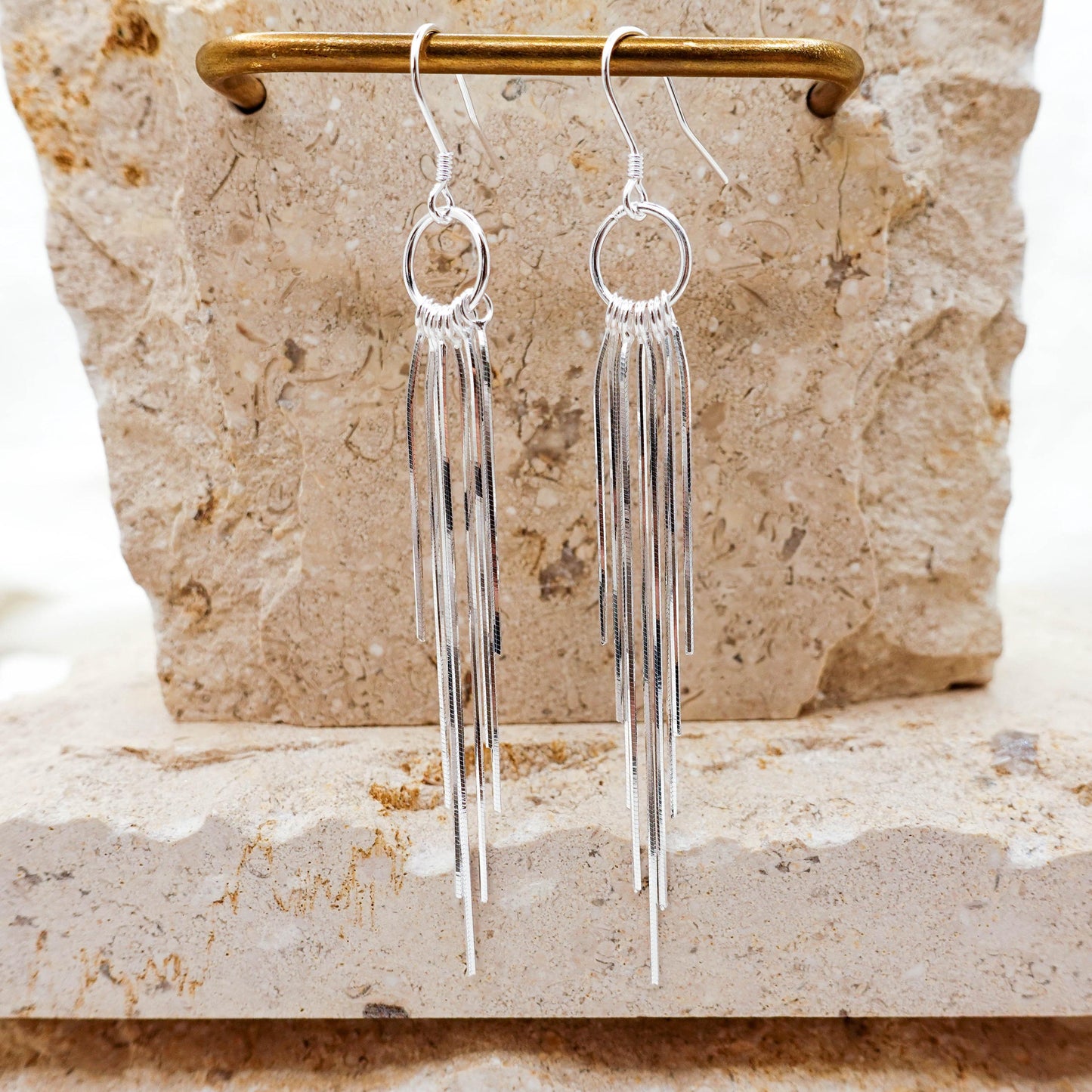 Shiny Sterling Silver Tassel Earrings, Elegant Long Statement Gift for her