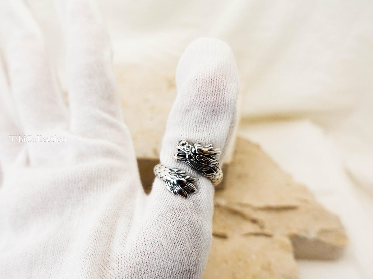 Sterling Silver Dragon Ring, Adjustable Unisex Loong Jewelry