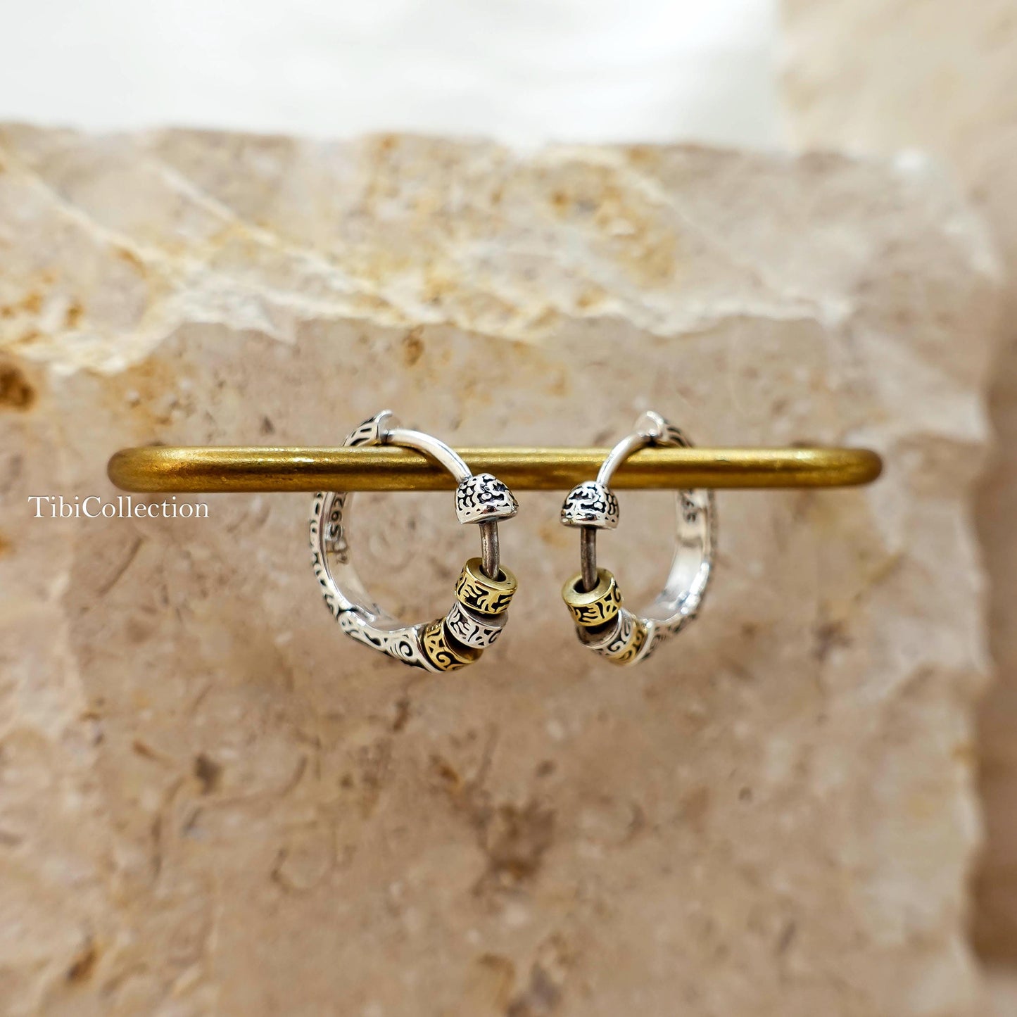 Two Tone Sterling Silver Spinning Hoop Earrings, Unisex Boho Jewelry