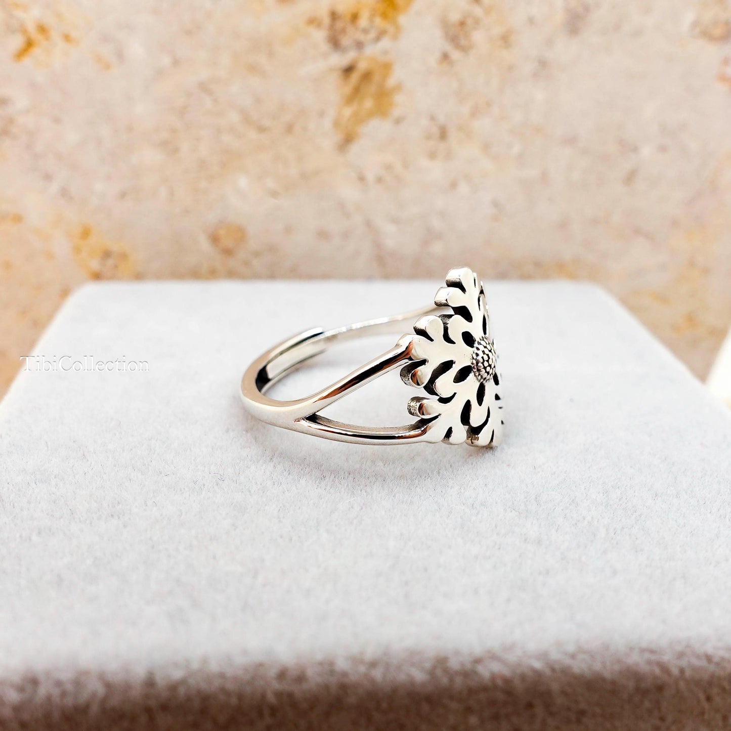 Snowflake Ring Sterling Silver, Adjustable Winter Star Christmas Jewelry Gift for Her