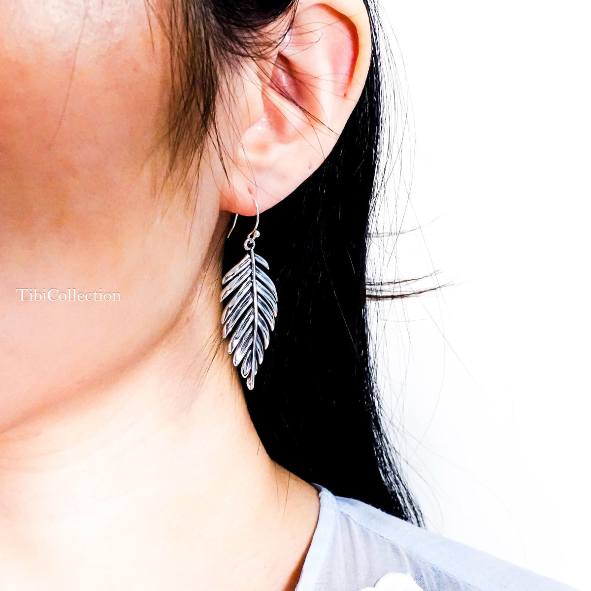 Sterling Silver Leaf Dangle Earrings, Fern Leaf Feather Boho Jewelry Gift for Her