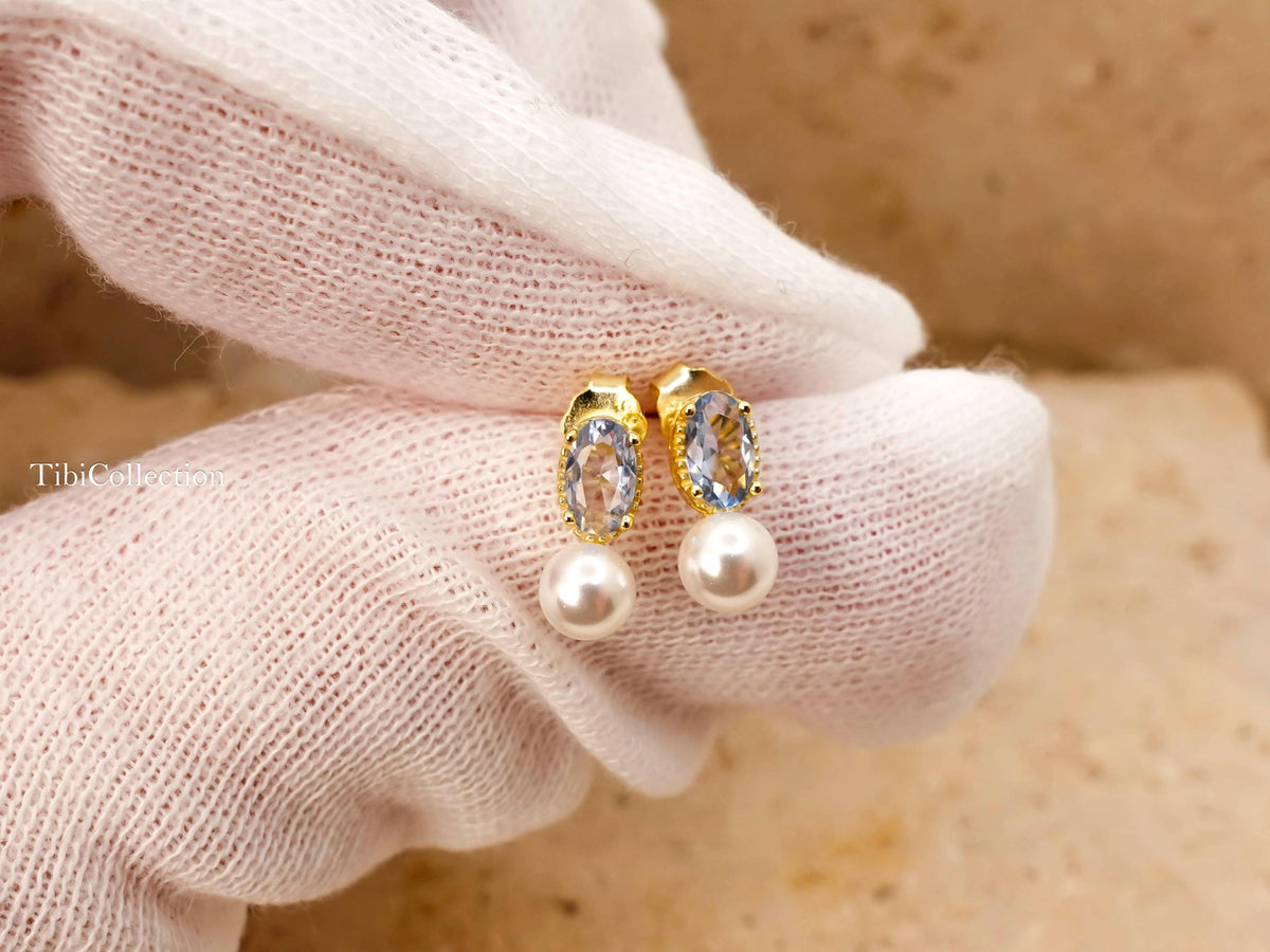 Dainty Small Aquamarine Pearl Stud Earrings March June Birthstone Gift for Her