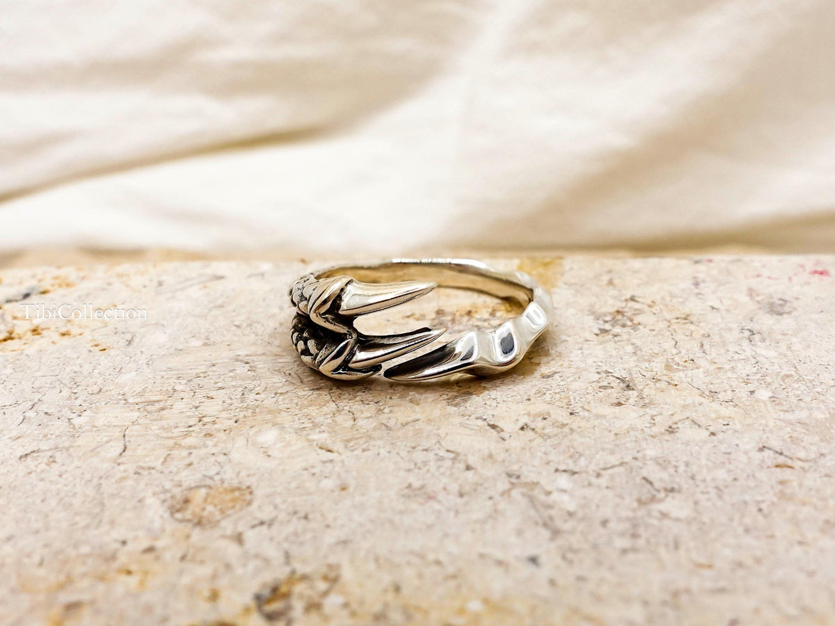 Sterling Silver Bird Claw Ring Adjustable, Open Gothic Statement Rings For Men Women