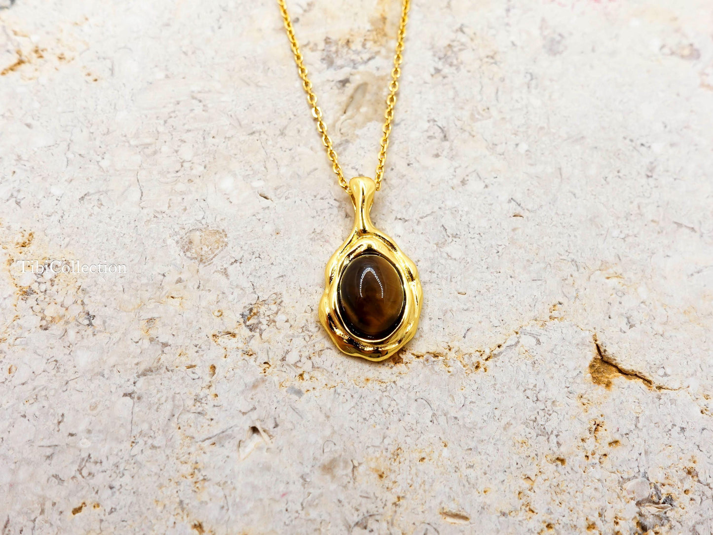 Gold Tiger Eye Necklace Sterling Silver, Oval Brown Gemstone Minimalist Jewelry Gift