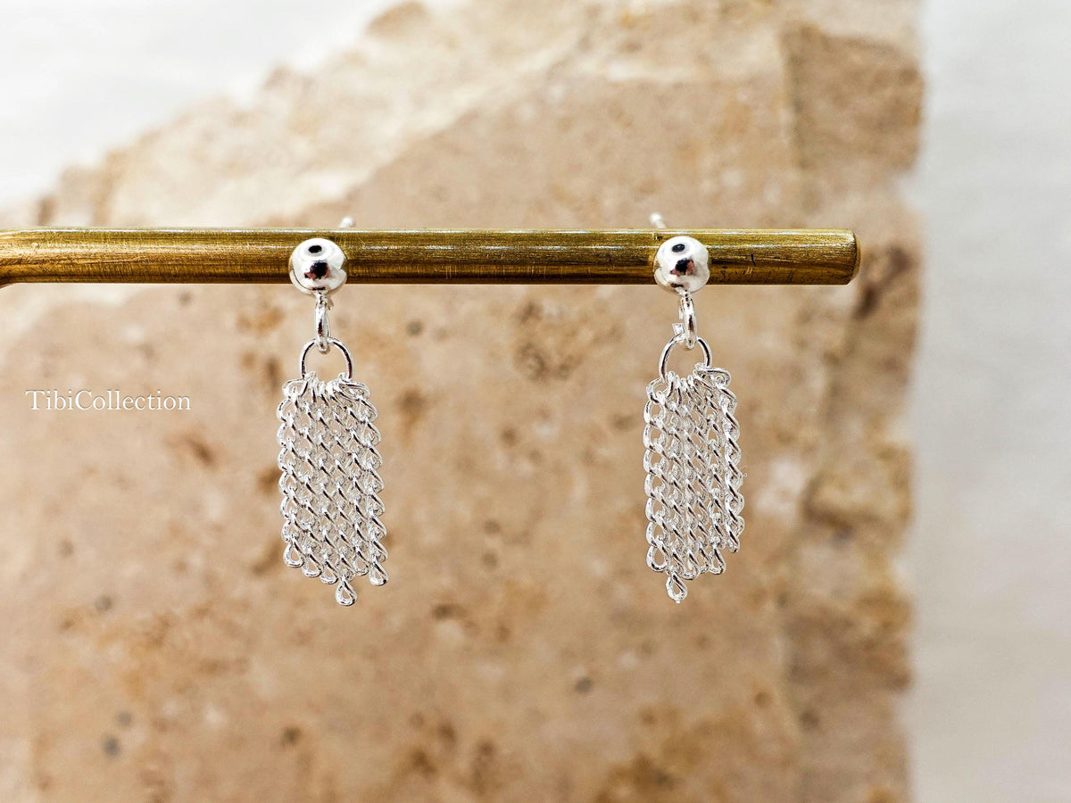 Sterling Silver Tassel Stud Earrings, Dainty Fringe Cartilage Helix Tragus Earrings, Everyday Jewelry Gift