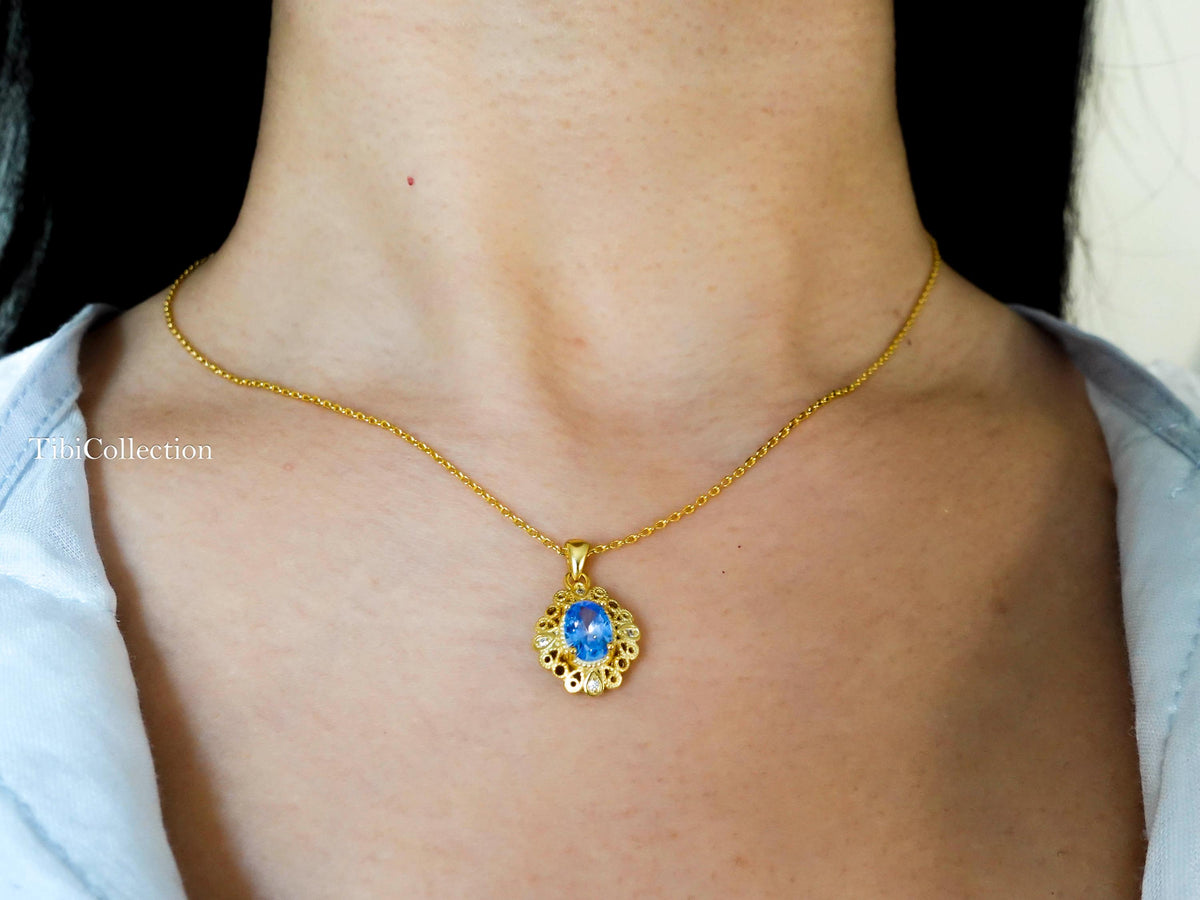 Vintage Blue Topaz Necklace Gold Filled Sterling Silver, December Birthstone Gift for Her
