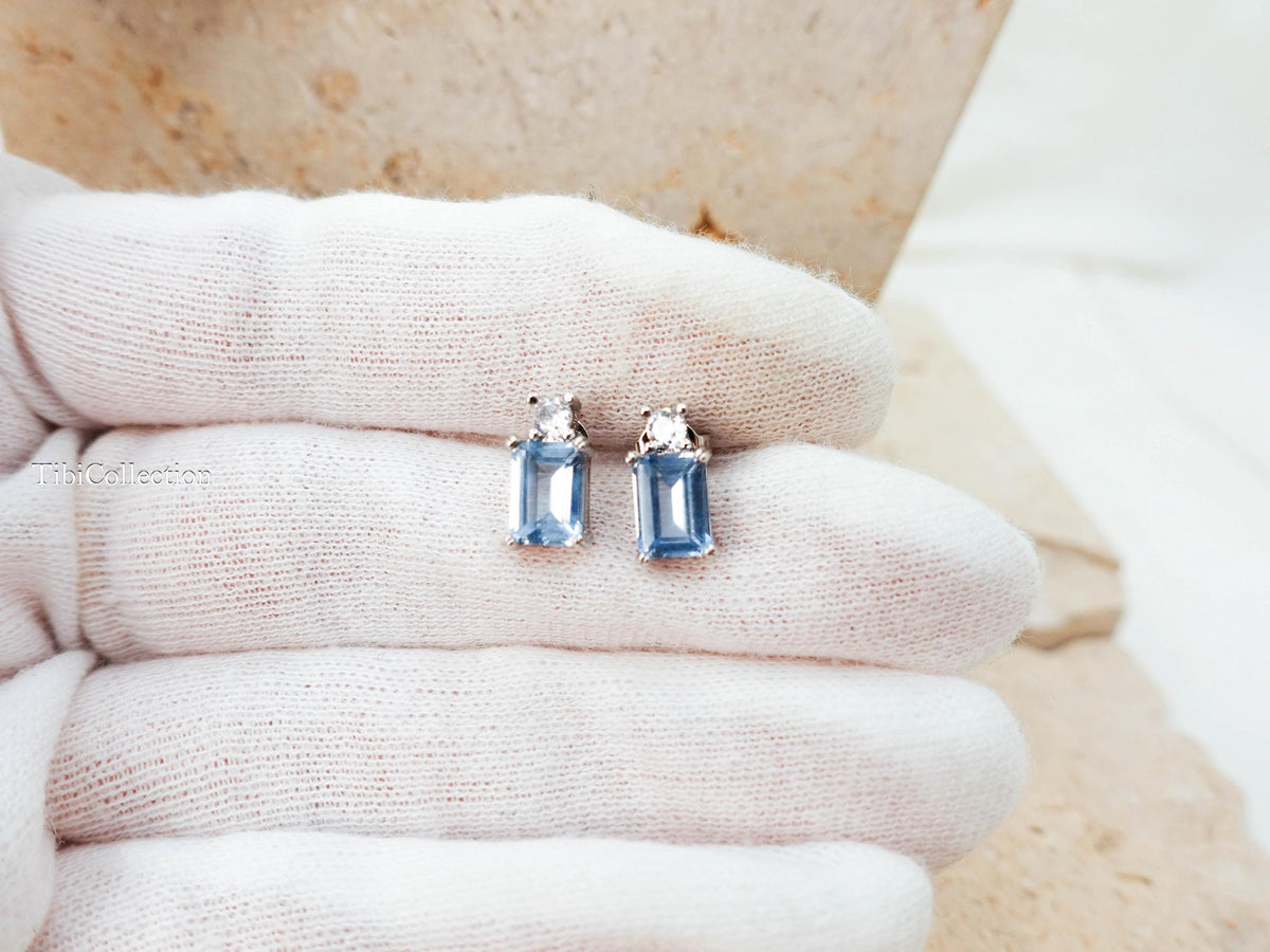 Dainty Aquamarine Stud Earrings Sterling Silver, Emerald Cut Blue Gemstone March Birthstone Jewelry Gift