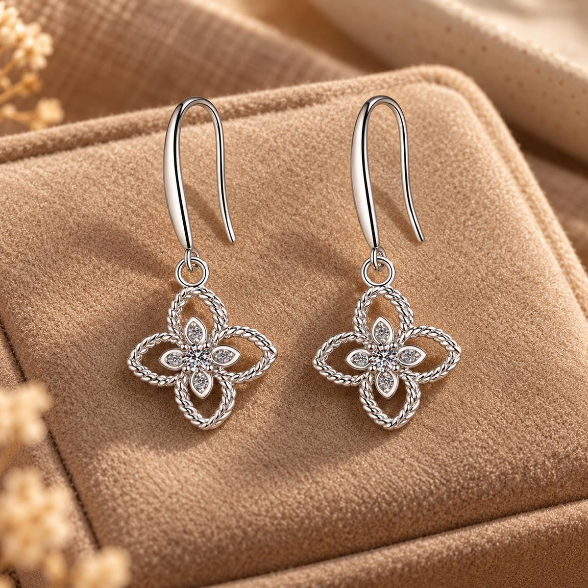 Sterling Silver Dainty Clover Dangle Earrings, Moissanite Floral Drop Earrings Gift for Her