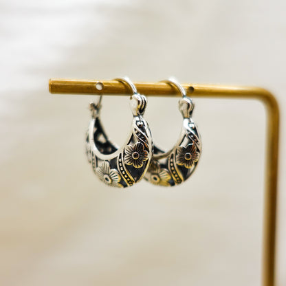 Sterling Silver Hoop Earrings, Filigree Vintage Hoop Earrings, Engraved Hollow Out Floral Small Hoop Earrings