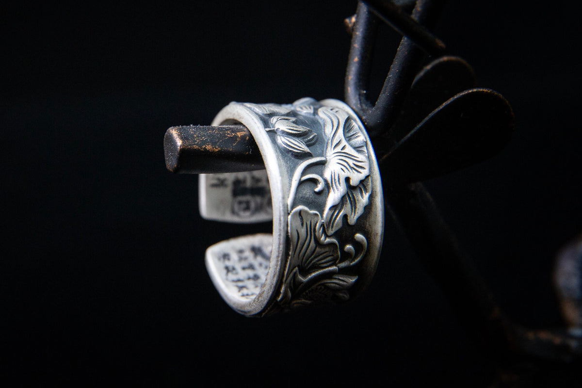 Sterling Silver Meditation Ring for Women Men, Adjustable Thumb Ring, Lotus Mantra Band, Engraved Wide Band Ring, Spiritual Jewelry Gift