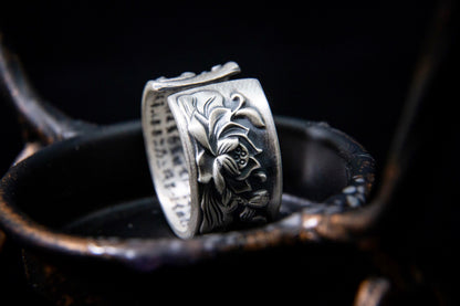 Sterling Silver Meditation Ring for Women Men, Adjustable Thumb Ring, Lotus Mantra Band, Engraved Wide Band Ring, Spiritual Jewelry Gift