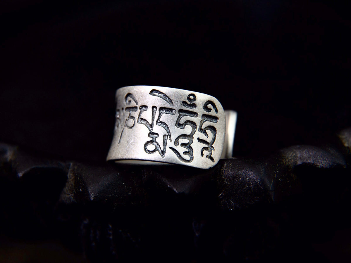 Sterling Silver Protection mantra ring, Thumb Adjustable Open Cuff ring, Buddhist Jewelry