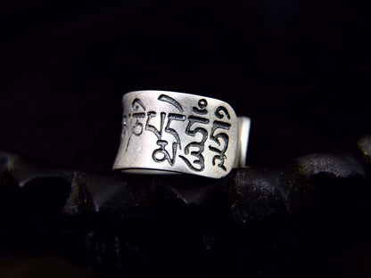 Sterling Silver Protection mantra ring, Thumb Adjustable Open Cuff ring, Buddhist Jewelry