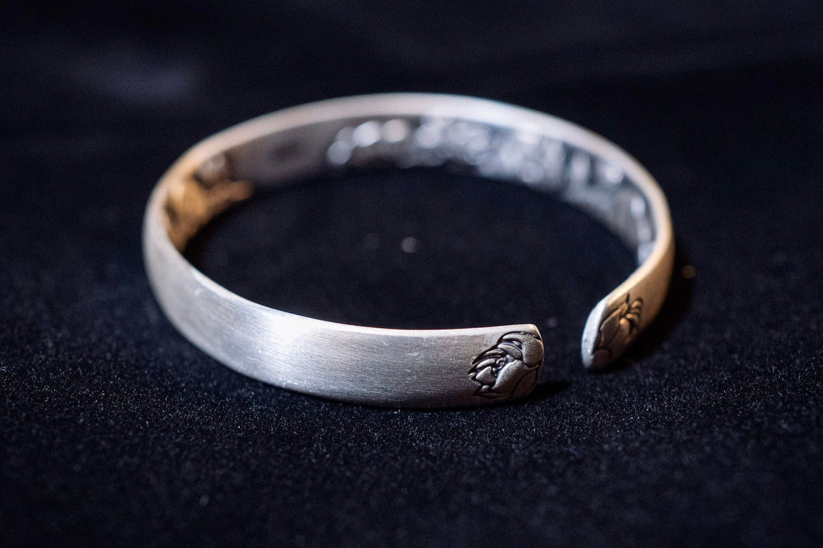 Brushed Sterling Silver Lotus Cuff Bracelet, Engraved Bangle