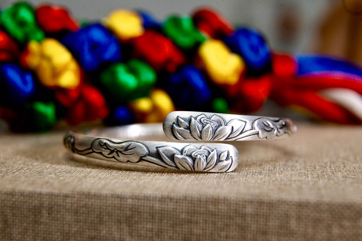 Sterling Silver Lotus Cuff Bracelet for Women, Protection Jewelry Gift for Her Mom Daughter