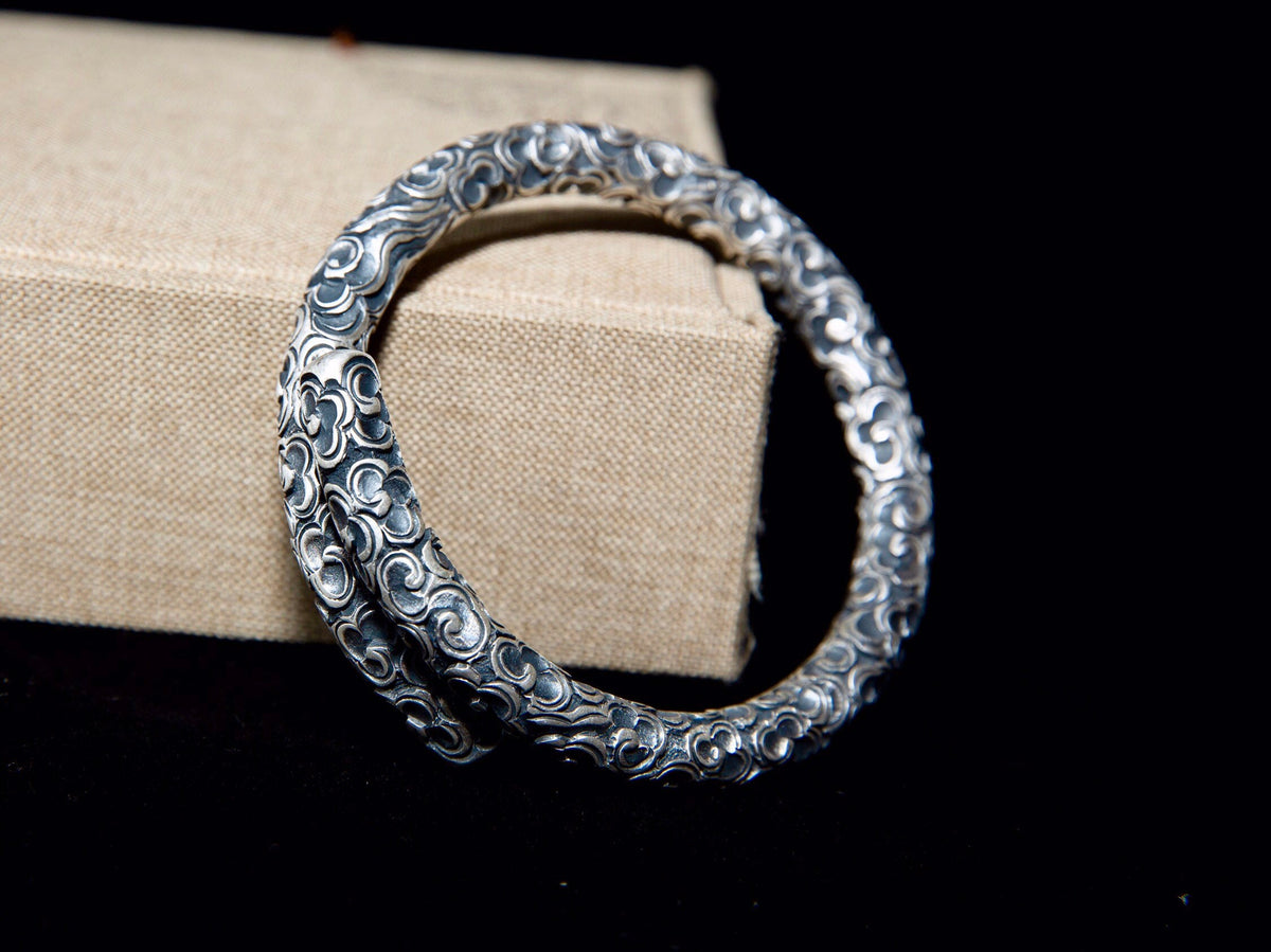 Sterling Silver Mens Cuff Bracelet, Hand Engraved Artisan Jewerly Gift for Him