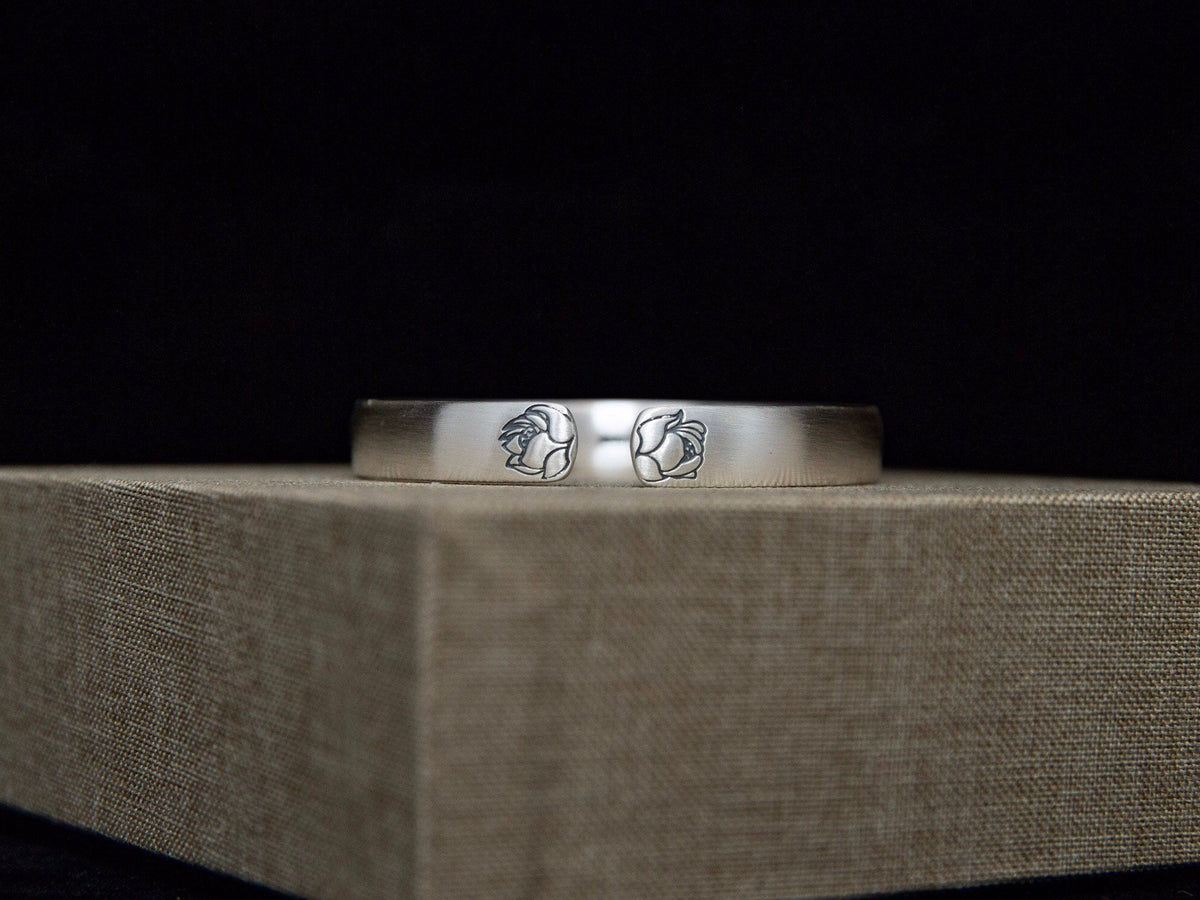 Brushed Sterling Silver Lotus Cuff Bracelet, Engraved Bangle