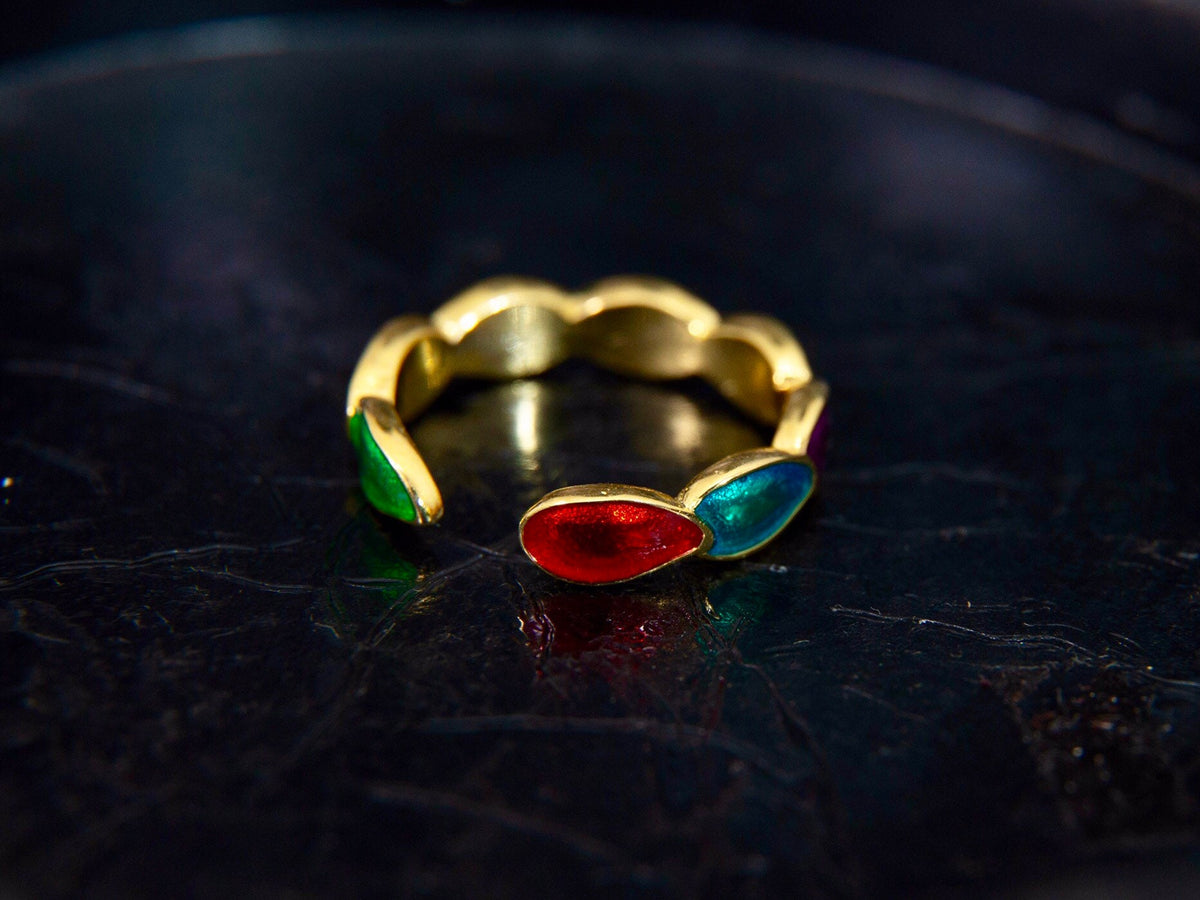 Gold Plated Sterling Silver Enamel Leaf Ring - Adjustable Rainbow Ring