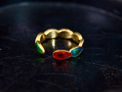 Gold Plated Sterling Silver Enamel Leaf Ring - Adjustable Rainbow Ring