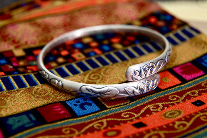 Sterling Silver Lotus Cuff Bracelet for Women, Protection Jewelry Gift for Her Mom Daughter