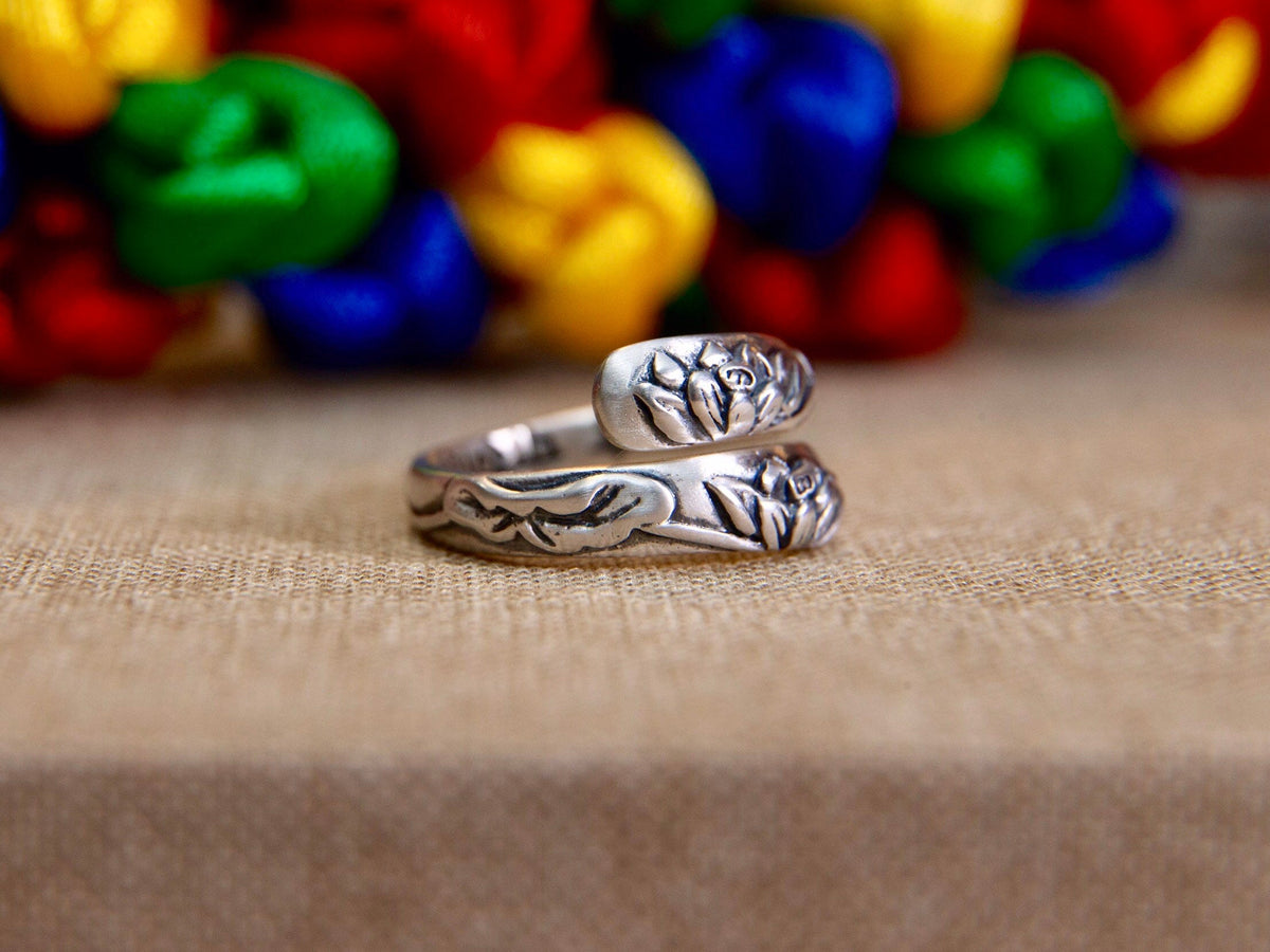 Sterling Silver Lotus Meditation Ring, Adjustable Wrap Ring, Jewelry Gift for Mom Her