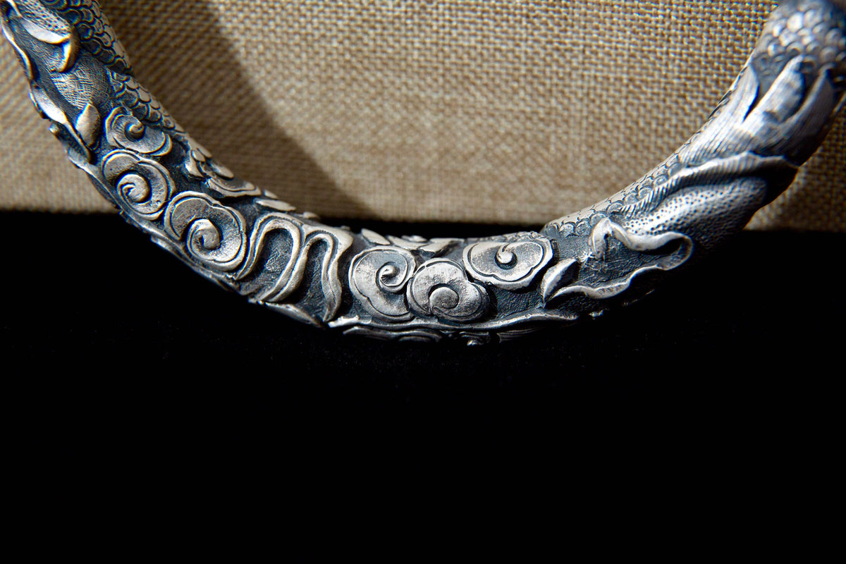 Sterling Silver Dragon Cuff Bracelet – Hand Engraved Viking Mythology Jewelry Gift for Him