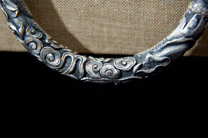 Bold Sterling Silver Dragon Bracelet, Handmade Artisan Unisex Chunky Mens Cuff Gift for Him