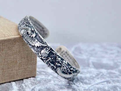 Sterling Silver Dragon Phoenix Cuff Bracelet, Unisex Jewelry