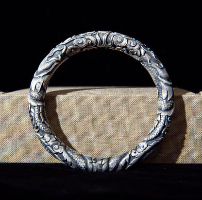 Masculine Sterling Silver Dragon Bracelet Hand Engraved Mens Cuff Bracelet, Mens Viking Bracelet, Dragon Lovers Jewelry Loong Gift for Him