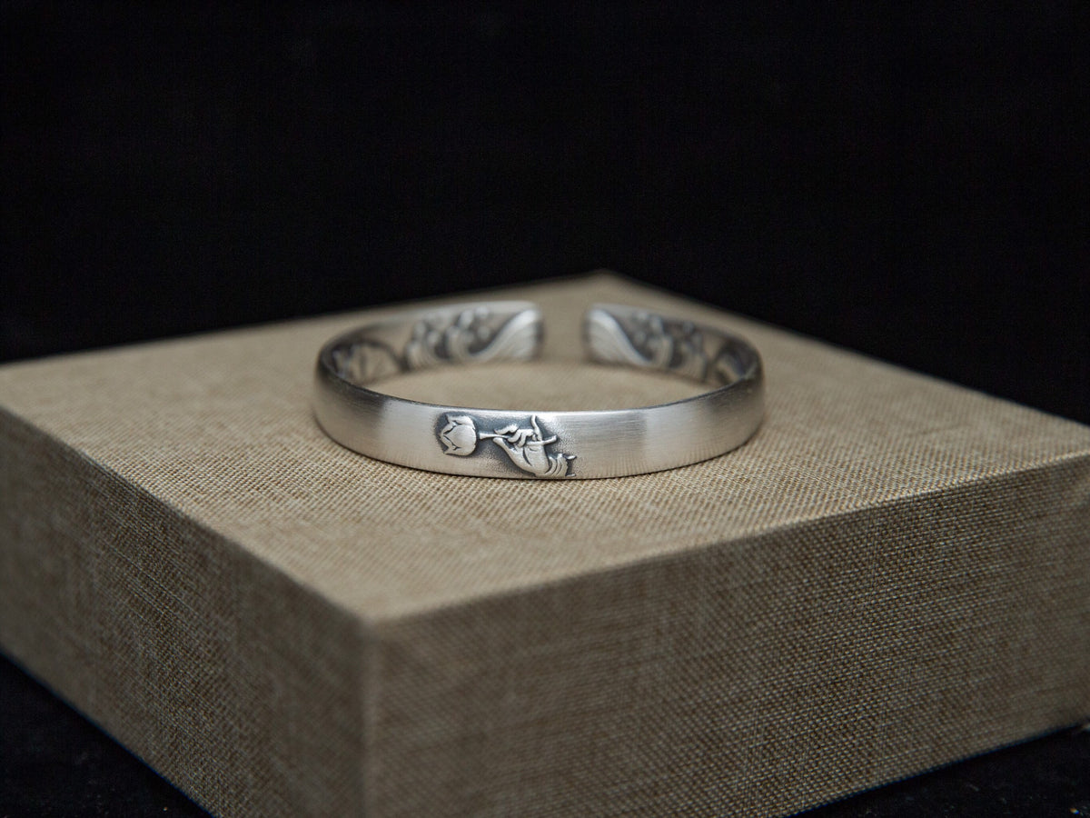 Brushed Sterling Silver Lotus Cuff Bracelet, Engraved Bangle